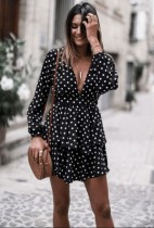 Polka Black Long Sleeve Deep-V Skater Dress