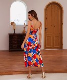 Summer Floral Strap High Waist Long Dress with Belt