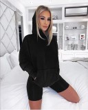 Autumn Plain Hoodie Two Piece Shorts Tracksuit