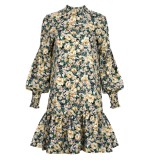 Fall Floral Ruffle Short Dress with Pop Sleeves