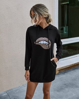 Autumn Lips Print Hoodie Dress