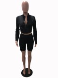 Sexy Black Long Sleeve Crop Top and Biker Shorts Set