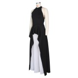 White and Black Vintage Two Piece Peplum Evening Dress
