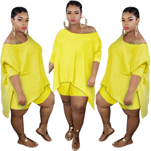 Plus Size Solid Color Two Piece Shorts Set