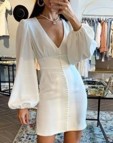 White Sexy Deep-V Mini Dress with Pop Sleeves