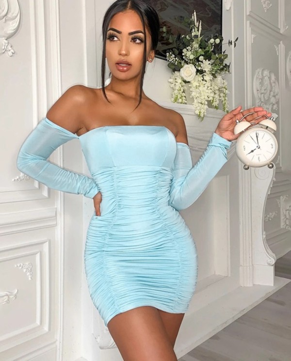 Solid Color Strapless Ruched Mini Dress with Sleeves