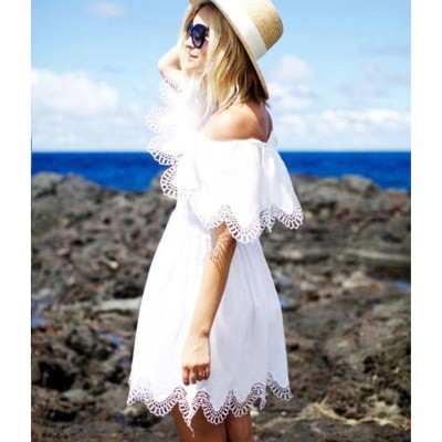 Summer White Turndown Shoulder Beach Dress
