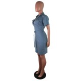Short Sleeve Blue Denim Zipper Bodycon Dress with Belt