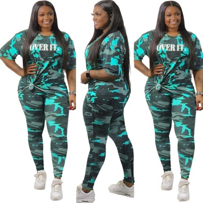 Plus Size Summer Camou Two Piece Pants Set