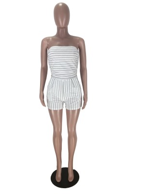 Plus Size Casual Striped Strapless Rompers