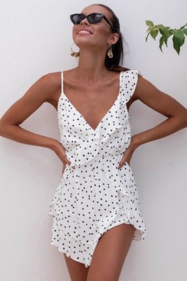 White and Black Dot Irregular Short Dress