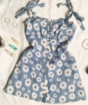 White and Blue Floral Knotted Strap Romantic Mini Dress