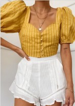 Vintage Yellow Crop Top with Puff Sleeves