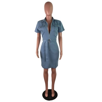 Short Sleeve Blue Denim Zipper Bodycon Dress with Belt