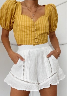 Vintage Yellow Crop Top with Puff Sleeves