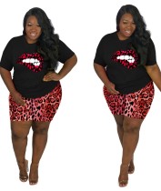Plus Size Summer Lips Print Two Piece Leopard Shorts Set
