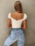 Vintage White Lace Up Crop Top with Pop Sleeves