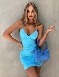 Sexy Blue Ruched Halter Mini Dress