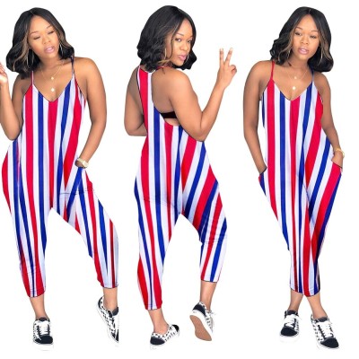 Casual Striped Colorful Strap Loose Jumpsuit