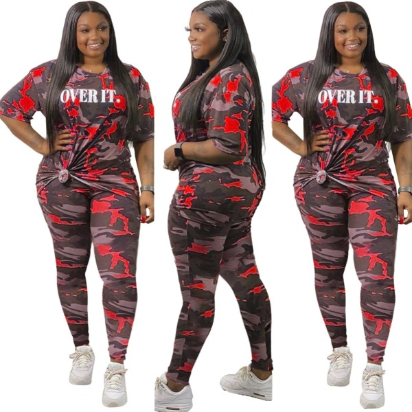 Plus Size Summer Camou Two Piece Pants Set