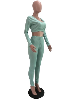 Sexy Knitted Long Sleeve Solid Crop Top and High Waist Legging Set