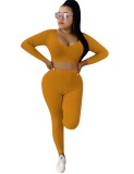 Sexy Knitted Long Sleeve Solid Crop Top and High Waist Legging Set