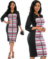Print Black African Zipper Midi Dress