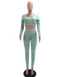 Sexy Knitted Long Sleeve Solid Crop Top and High Waist Legging Set
