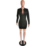 Sexy Black Long Sleeve Zipper Bodycon Dress