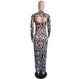 Sexy Leopard Print Long Curvy Dress with Full Sleeves