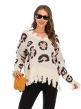 Leopard Print V-Neck Tassels Sweater