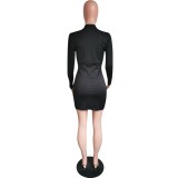 Sexy Black Long Sleeve Zipper Bodycon Dress