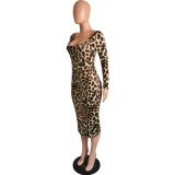 Sexy Leopard Print Long Curvy Dress with Full Sleeves