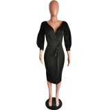 Black Sexy Deep-V Midi Dress with Pop Sleeves