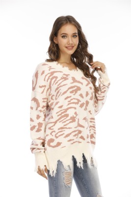 Leopard Print V-Neck Tassels Long Sweater