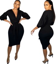 Black Sexy Deep-V Midi Dress with Pop Sleeves