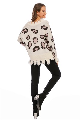 Leopard Print V-Neck Tassels Sweater