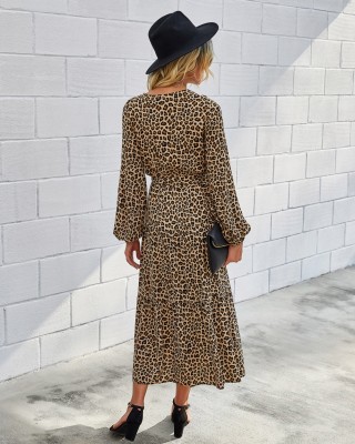 Western Long Sleeve Wrapped Leopard Long Dress