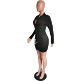 Print Black Long Sleeve Zipper Bodycon Dress