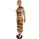 Sexy Tiger Print Long Curvy Dress with Full Sleeves