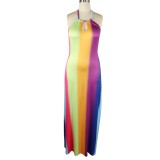 Low Back Sexy Rainbow Halter Long Dress