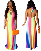 Low Back Sexy Rainbow Halter Long Dress