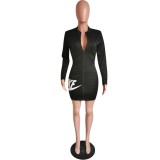 Print Black Long Sleeve Zipper Bodycon Dress