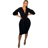 Black Sexy Deep-V Midi Dress with Pop Sleeves