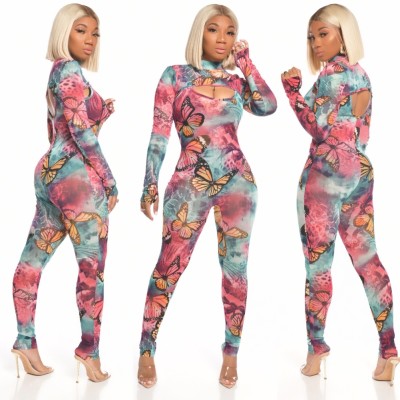 Butterfly Print Sexy Long Sleeve Bodycon Jumpsuit