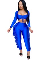 Plain Sexy Long Sleeve Crop Top and Ruffle Trousers Set