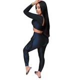 Plain Sexy Long Sleeve Crop Top and Ruffle Trousers Set