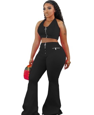 Sexy Plain Halter Crop Top and Flare Pants Set