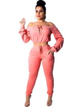 Matching 2PC Lace Up Crop Top and Pants Set