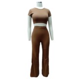Matching 2PC Plain Knitted Crop Top and Pants Set